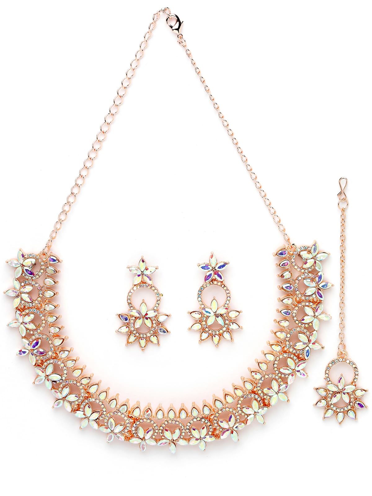 Sukkhi Detailed Rose Gold Plated Stone Floral Collar Bone Necklace Set With Earring And Maangtika | Jewellery Set For Women (NS105490) (B0CBBBMN4D) Amazon Price History, Amazon Price Tracker