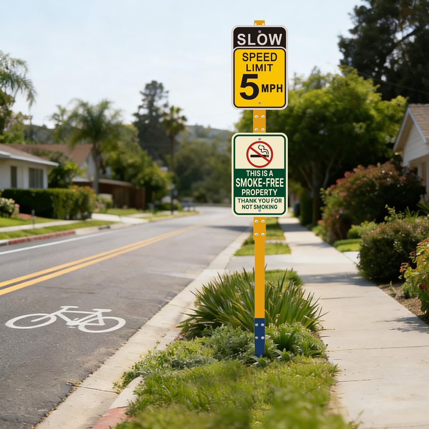 Sign Post for Outside 8 Ft, Heavy Duty Yard Signs Stakes, Metal Holder Ground Traffic Road Stand Lawn Pole for Events, Parking, Garage, Bar, Easy Assembly Rust-Resistant Durable DIY 1Pcs Blue Yellow