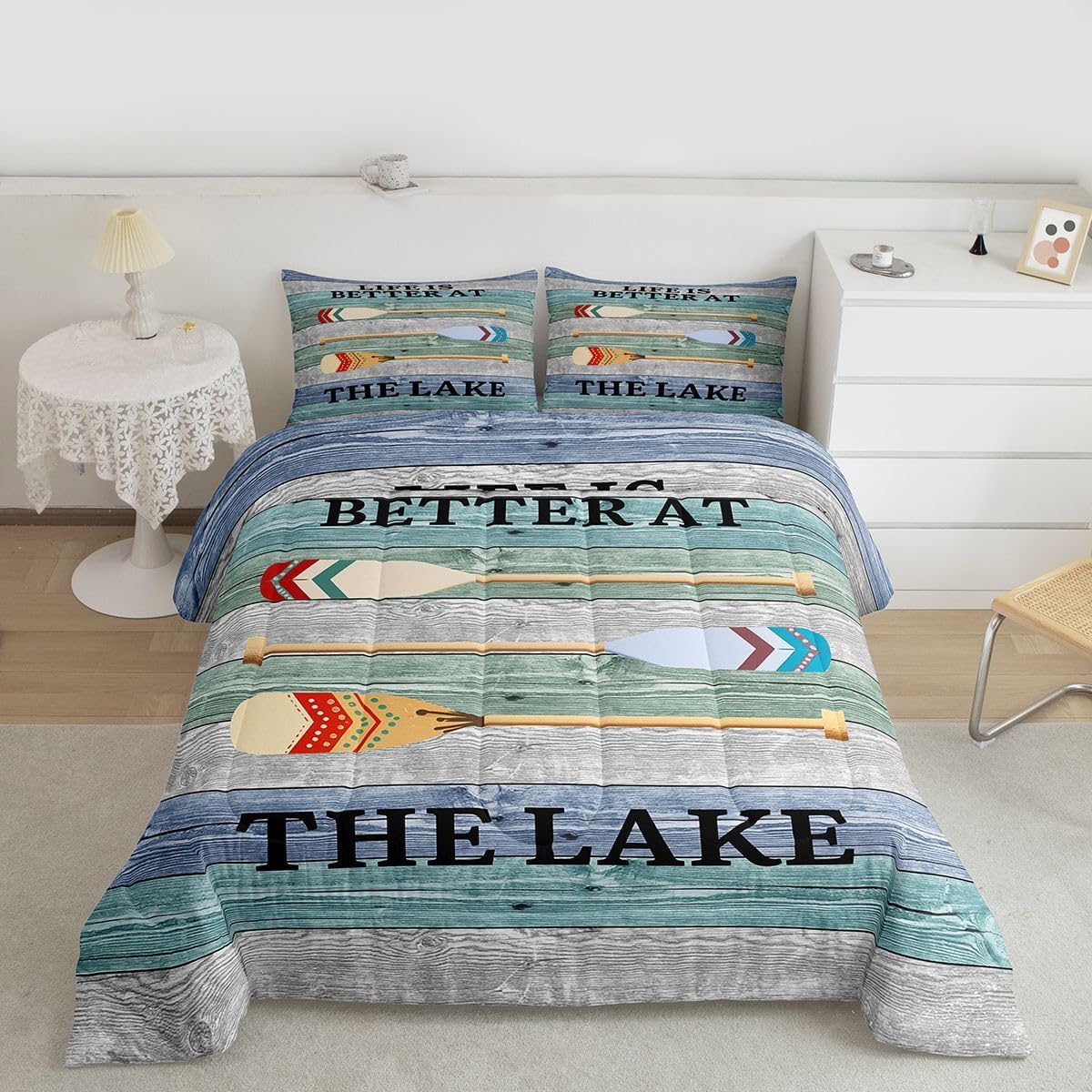 Lake Life Comforter Set Queen Size Boating Lake Paddle Bedding Sets Rustic Lake House Decor Duvet Insert Lake House Gifts For Kids, Country Farmhouse Wooden Door Fences Quilted Duvet, 2 Pillow Cases