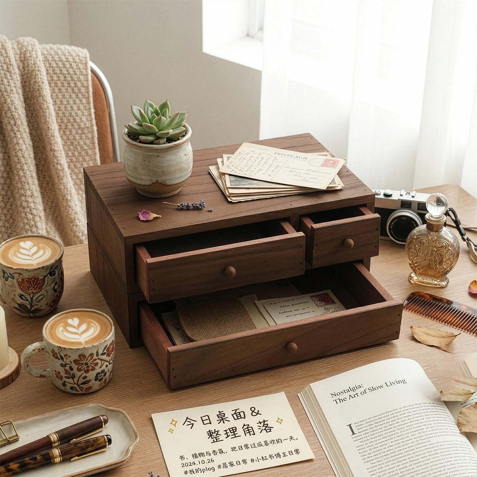 Scatola da scrivania in legno con scomparti multipli, pratico organizer da scrivania in legno per libreria o piano di lavoro, agenda da ufficio in legno