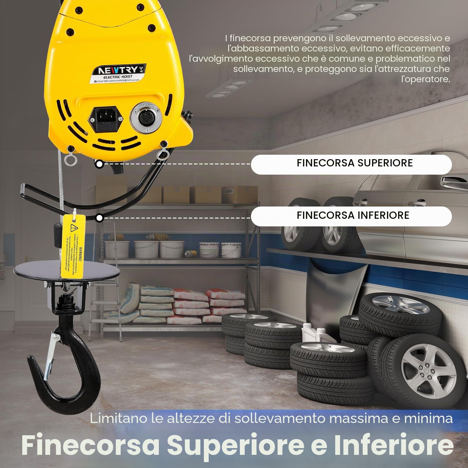 NEWTRY 300KG Argano elettrico 1600W Motore Verricello 19M/min Sollevamento veloce Altezza massima di sollevamento 30 metri, 2 in 1 comando a cavo e telecomando per garage, officina 220V CE