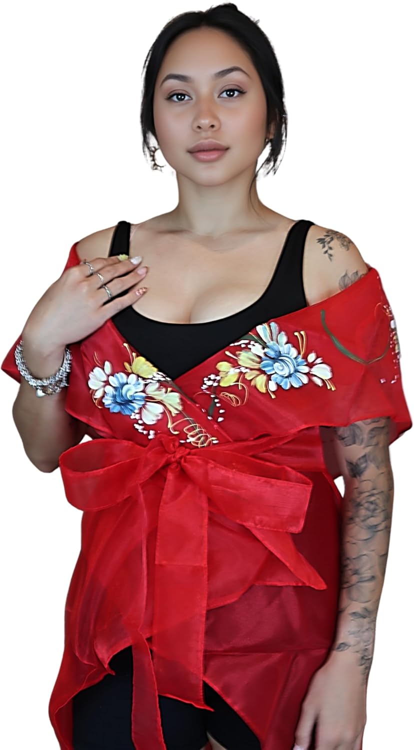 Panuelo Filipiniana Shawl – Hand-Painted Organza Scarf for Women’s Wedding, Formal & Evening Dresses