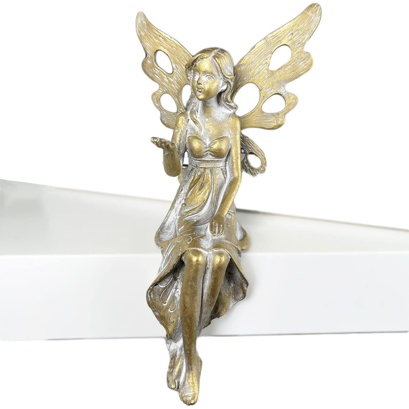 Darthome Gold Shelf Sitting Fairy Figurine Resin Distressed Angel Wings Decoration Gift 19Cm
