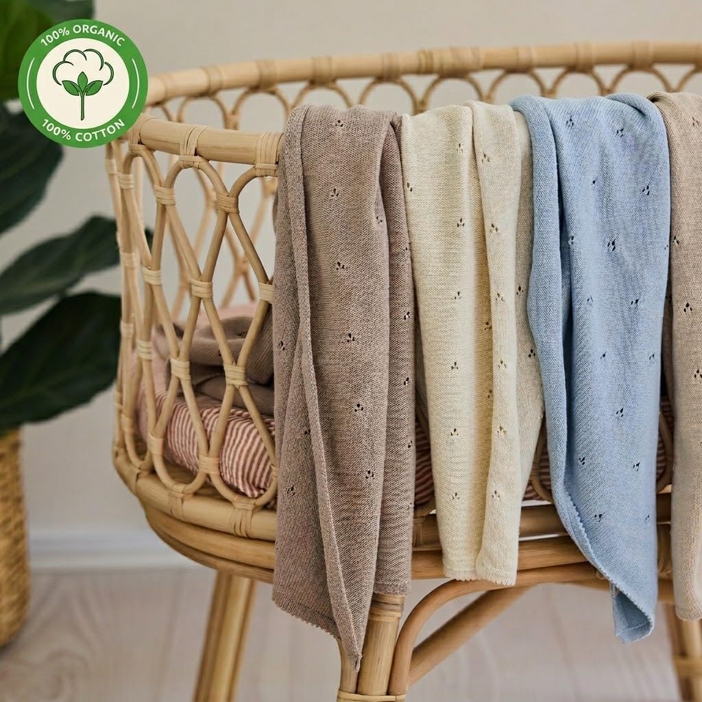 100% Organic Cotton Knit Baby Blanket for Boys and Girls- Pointelle Swaddle Blanket - 40" x 30" Soft Receiving Blanket for Newborn - Lightweight Heirloom Nursery Knit Blanket for Babies (Mochachino)