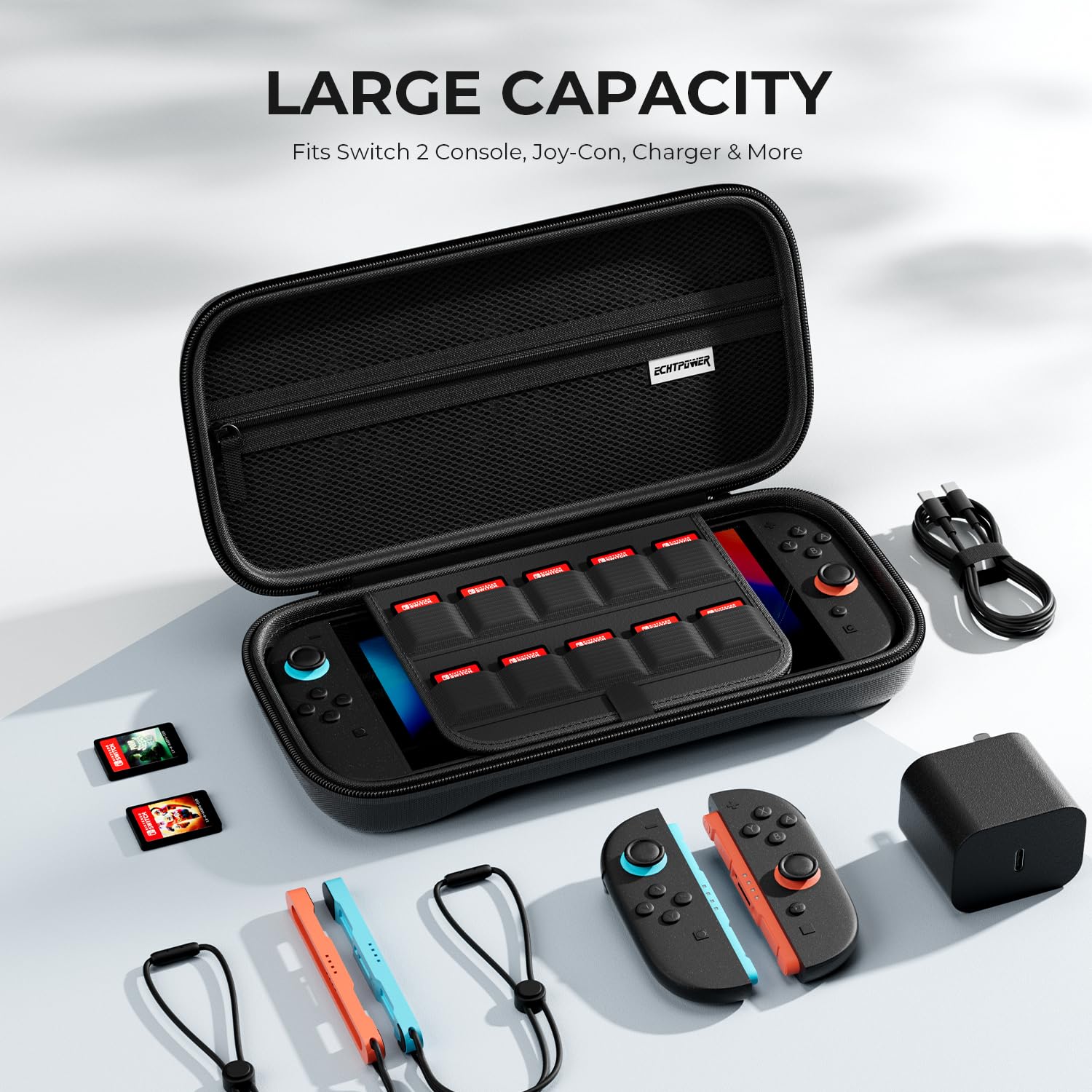 ECHTPower Carrying Case with large capacity for Switch 2 console, Joy-Con, charger, and game cards