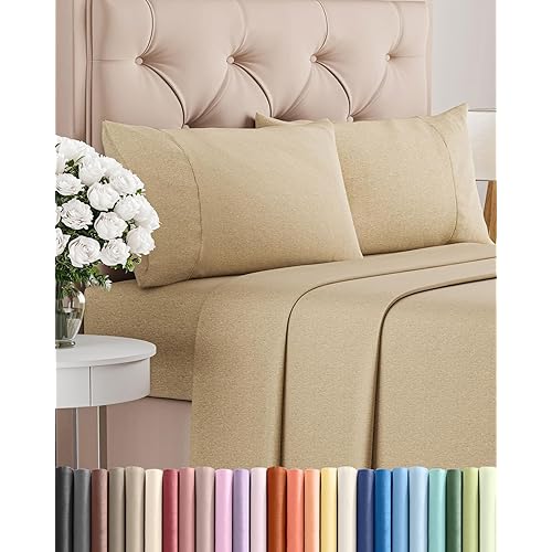 Queen Size 4 Piece Sheet Set - Comfy Breathable & Cooling Bed Sheets Set - Hotel Luxury Bedding for Women, Men, Kids, Teens, Boys & Girls - Deep Pockets, Soft & Wrinkle Free - Tan (Heathered Sheets)