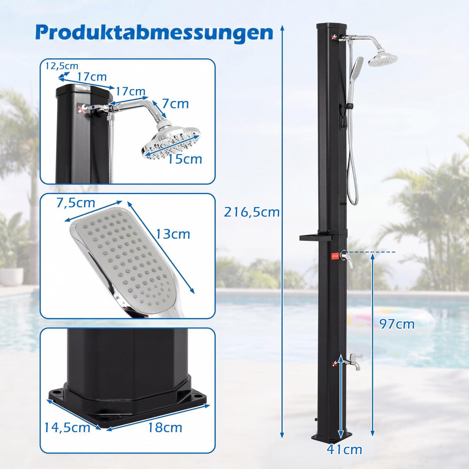 COSTWAY Solardusche 35L mit Handbrause inkl. Abdeckung | Gartendusche mit Ablage, Regenduschkopf und Wasserhahn | warmes Wasser | max. 60°C | ohne Stromanschluss | Pooldusche Camping | Schwarz