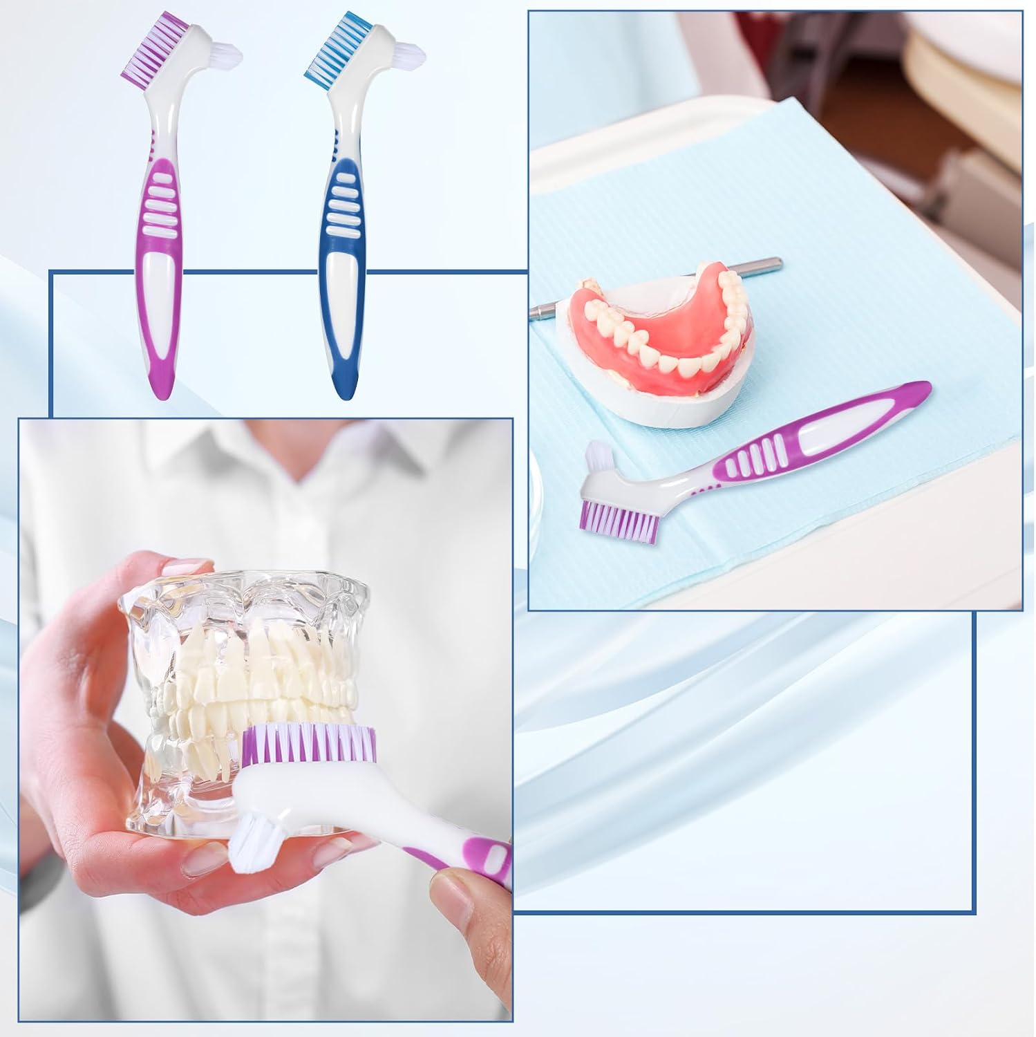 2 Pcs Denture Brush, Denture Toothbrush with Case Double Sided Denture Cleaning Brush Retainer Brush, Multi-Layered Soft Bristles and Rubber Anti-Slip Handle for Denture Clean Teeth Maintenance