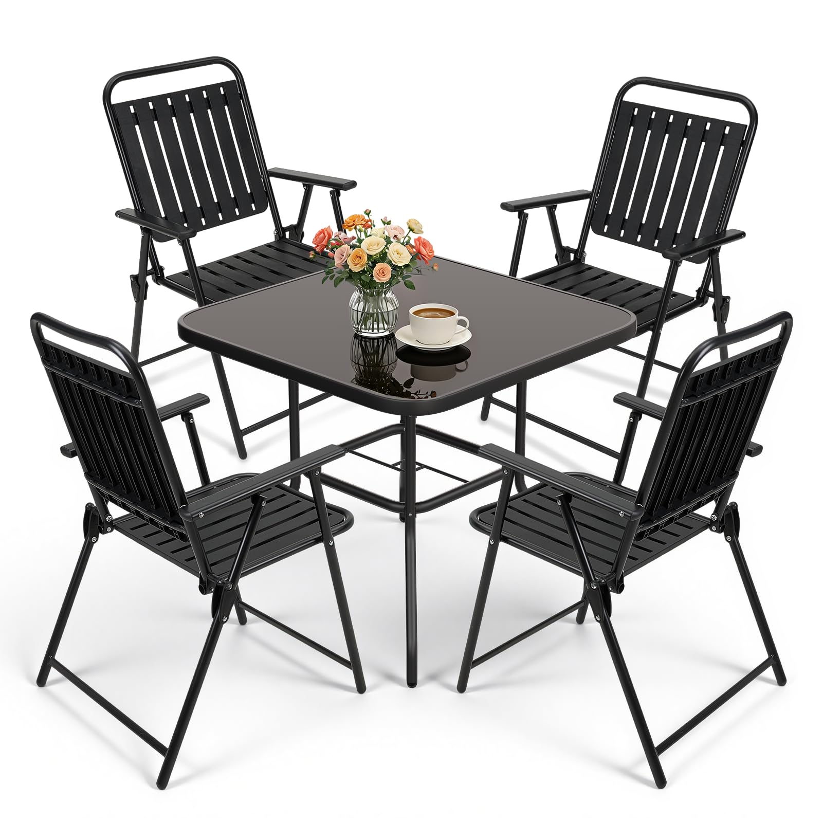 Warmiehomy Outdoor Dining Set of 4, Metal Garden Table and Chairs Set with Parasol Hole, Patio Furniture Set with Foldable Chairs & Easy Clean Tempered Glass Top Square Table for Patio Bistro, Black