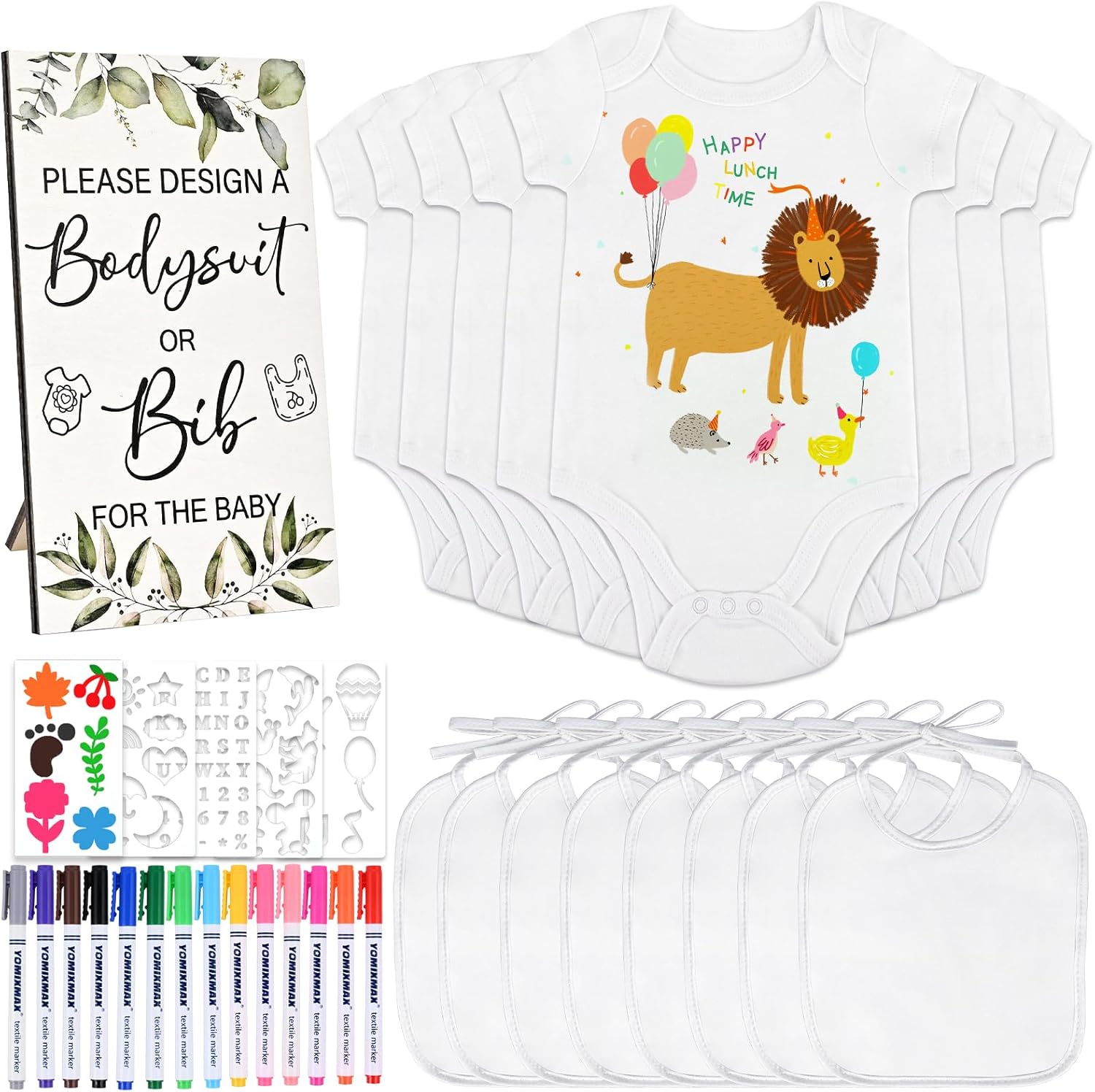 GOLDGE Dazzle at Baby Showers with a 37-Piece DIY Bib and Bodysuit Decorating Kit: 8 Bodysuits, 8 Bibs, 6 Stencils, 14 Markers, 1 Wooden Baby Shower Game Sign (8 Bodysuits, 8 Bibs)