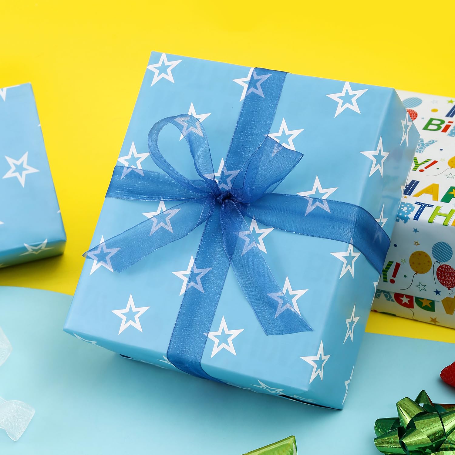 CAMKUZON Rollo de papel de regalo reversible de cumpleaños para niños, niñas, niños, hombres y mujeres, colorido diseño de globos y estrellas de feliz cumpleaños, papel de regalo para celebraciones de