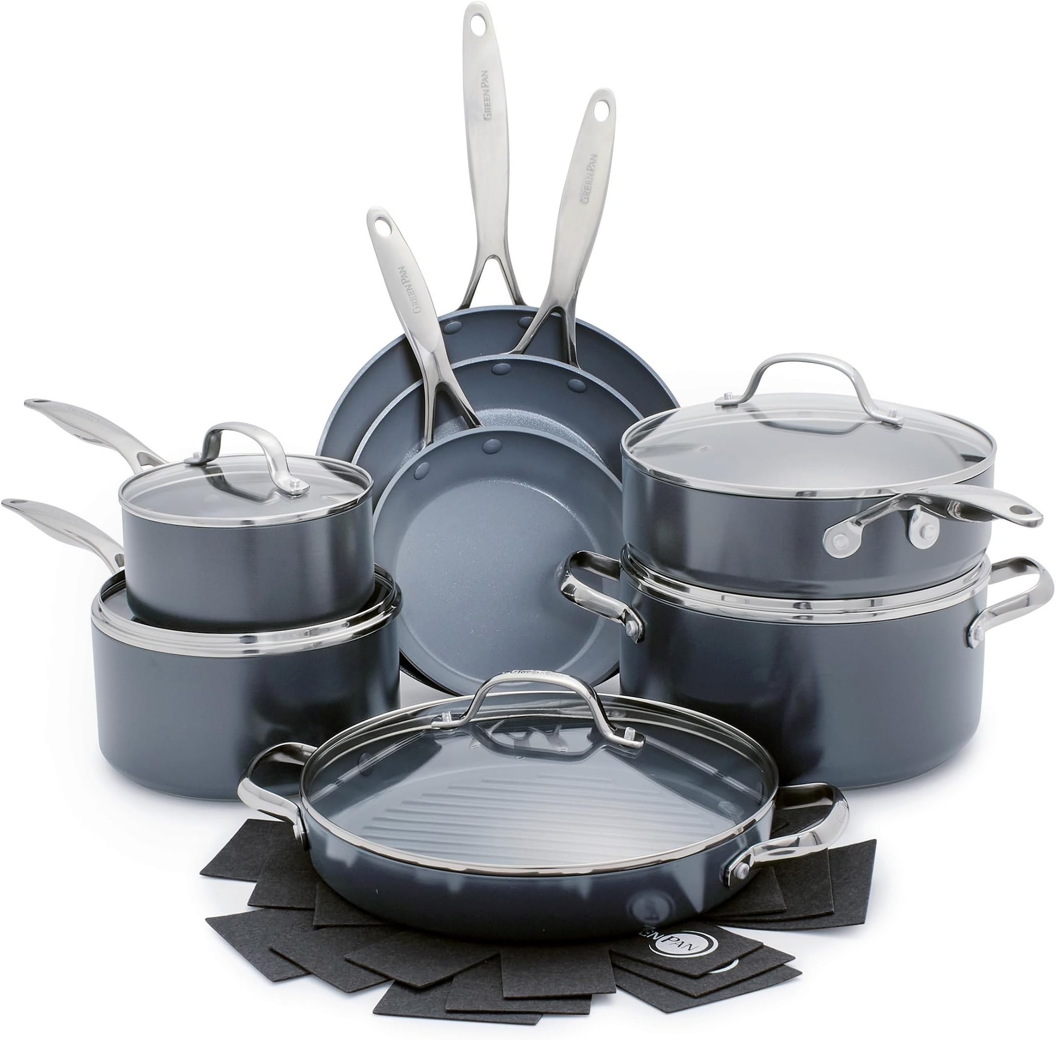 GreenPan Valencia Pro Ceramic Nonstick 13 Piece Cookware Set, Hard Anodized PFAS-Free Pots & Pans, Induction Ready, Compatible on All Cooktops, Dishwasher Safe, Oven Safe to 600F, Gray