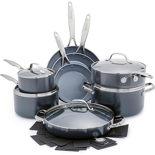 GreenPan 16 Piece Valencia Pro Ceramic Nonstick Cookware Set, PFAS-Free, Induction Ready, Hard Anodized Pots & Pans with Lids, Compatible on All Cooktops, Dishwasher & Oven Safe, Gray