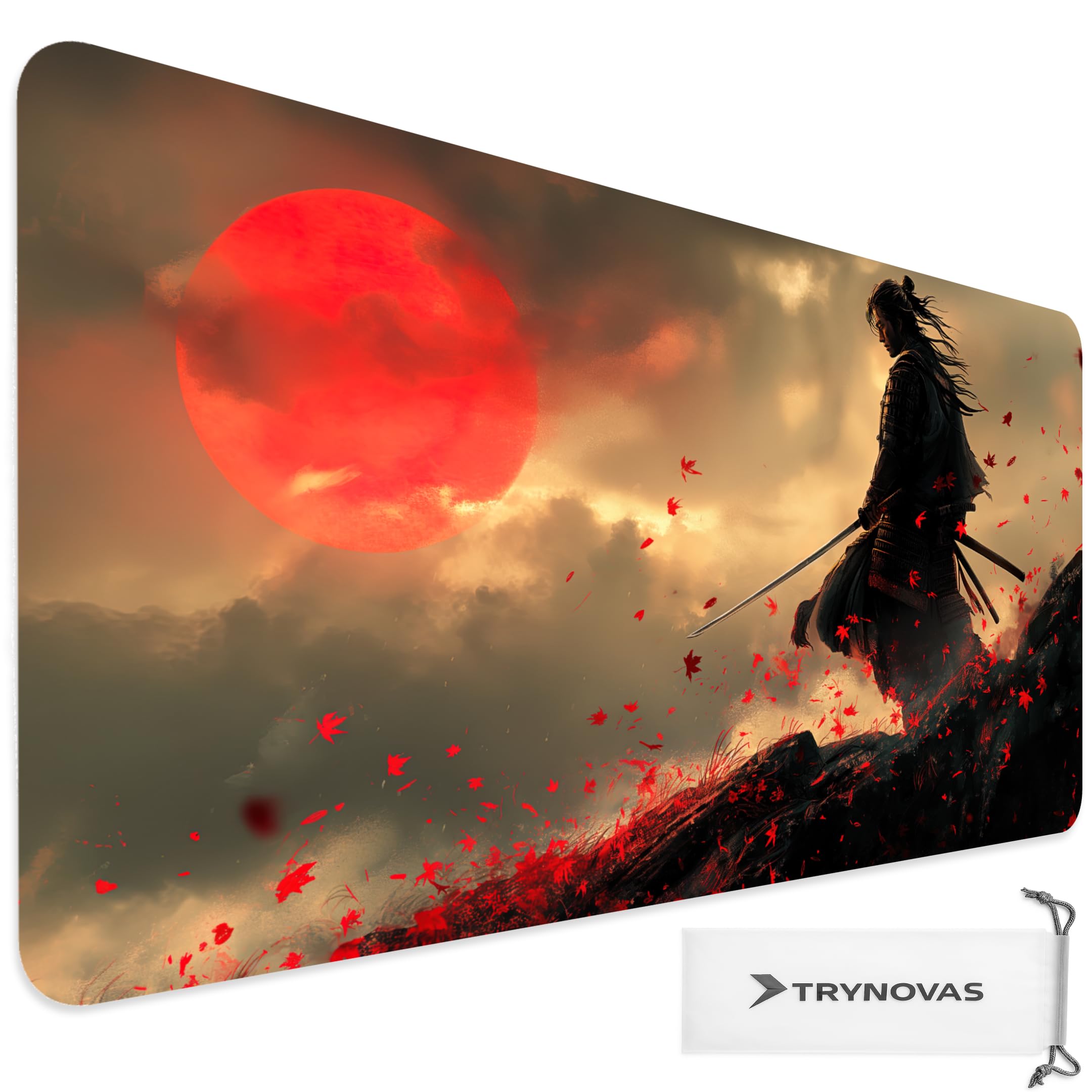 TRYNOVAS Tappetino Mouse XXL 90×40 cm (3mm) – Samurai Sole Rosso, Montagna & Foglie – Mousepad Gaming Grande, Base Antiscivolo, Bordi Cuciti, Desk Mat per Ufficio e Gamer