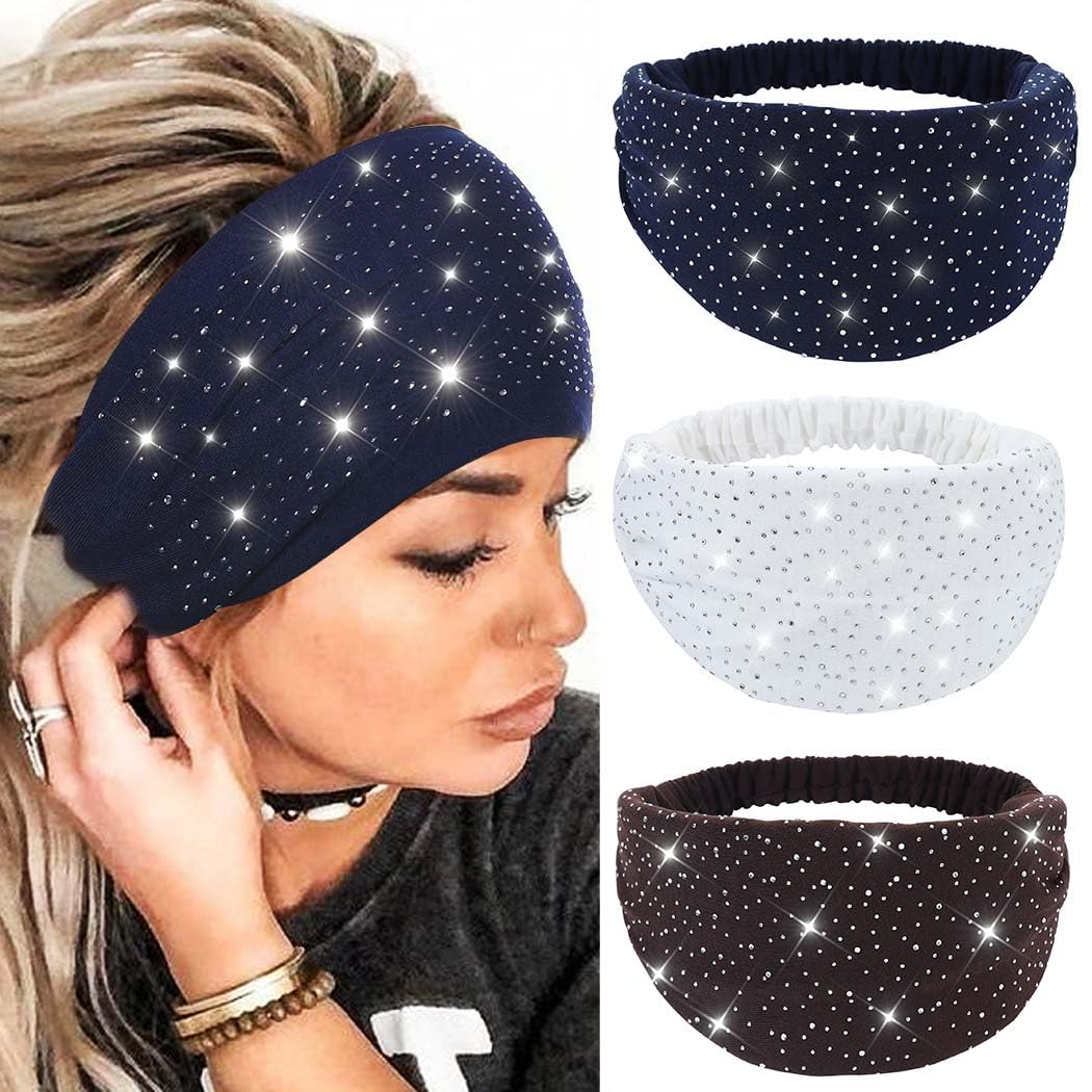 CAKURE Wide Rhinestone Headbands Sparkly African Head Wraps Bling Head Scarf Motorcycle Hair accessories Women (Pack of 3)