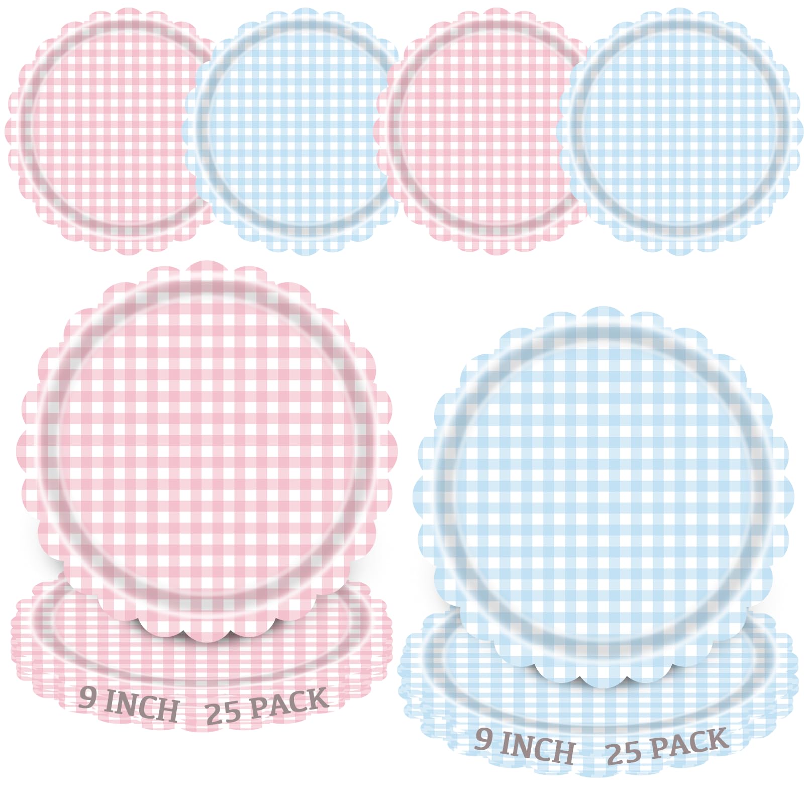 50PCS Pink and Blue Gingham Paper Plates 9 Inch Scalloped Edge for Baby Shower, Gender Reveal, Boy or Girl Party Decorations, Disposable Dinner Plates