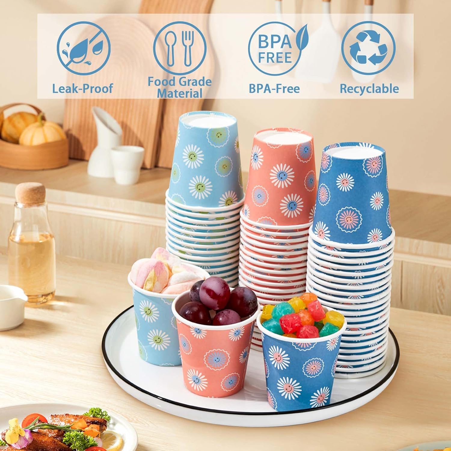 SIUQ 300 Pack 5 oz Paper Cups, Disposable Bathroom Cups, Small Mouthwash Cups, Hot/Cold Beverage Drinking Mini Cup for Party, Picnic, BBQ, Travel (Daisy) - Image 3