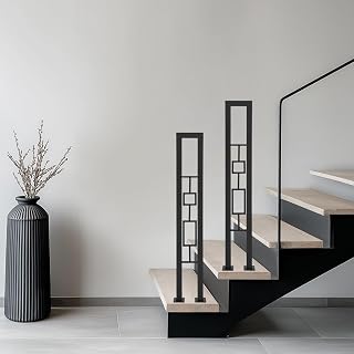 2Pcs 35.4in U-Shaped Staircase Handrails, Hand Rails with Square Pattern for Outdoor & Indoor Steps, Porch, Loft, Corridor, Garden Stair Railing, Black