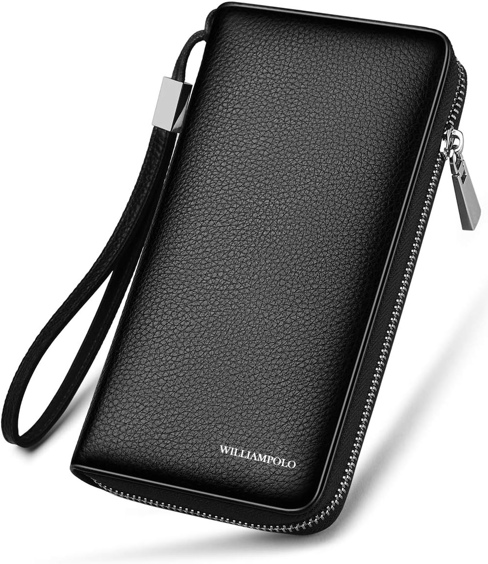 WILLIAMPOLO Men Wallets Long Clutch Credit Card Holder Money Organizer Business Genuine Leather Zipper Phone Passport Purse (Black)