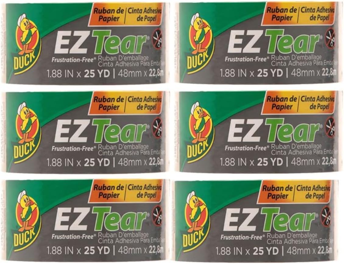 Duck EZ Tear Brown Paper Packing Tape for Boxes, 6 Rolls of Kraft Paper Packaging Tape, Great for Shipping, Moving, Mailing, & Storage, Tears by Hand, Writable Surface, 1.88 Inch x 25 Yards, Tan