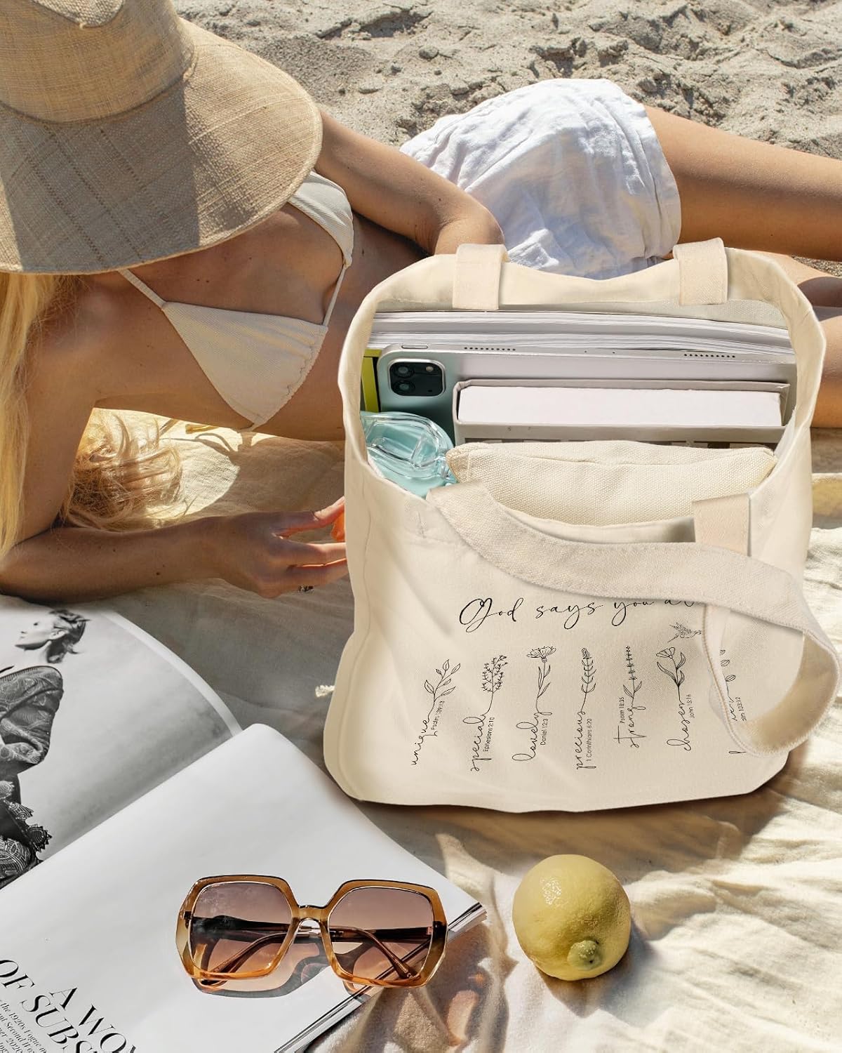 Aesthetic 2 Pack Canvas Tote Bag - with Makeup Zipper Pouch for Women Bag for Shopping, Gym, Travel, Vacation - Image 3