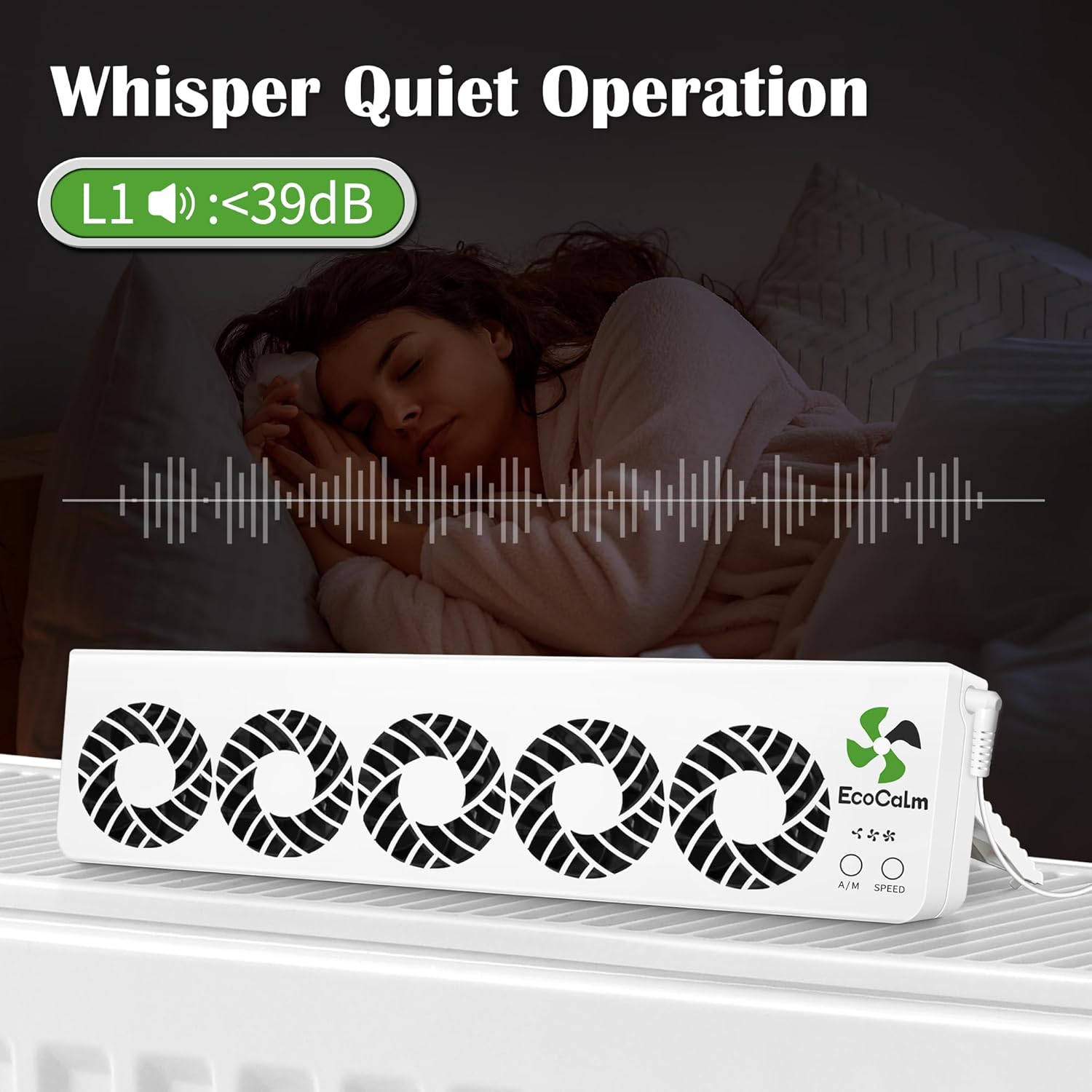 Diagram showing a fan booster unit on a radiator with a sound wave graphic and text indicating 'Whisper Quiet Operation L1: <39dB'.