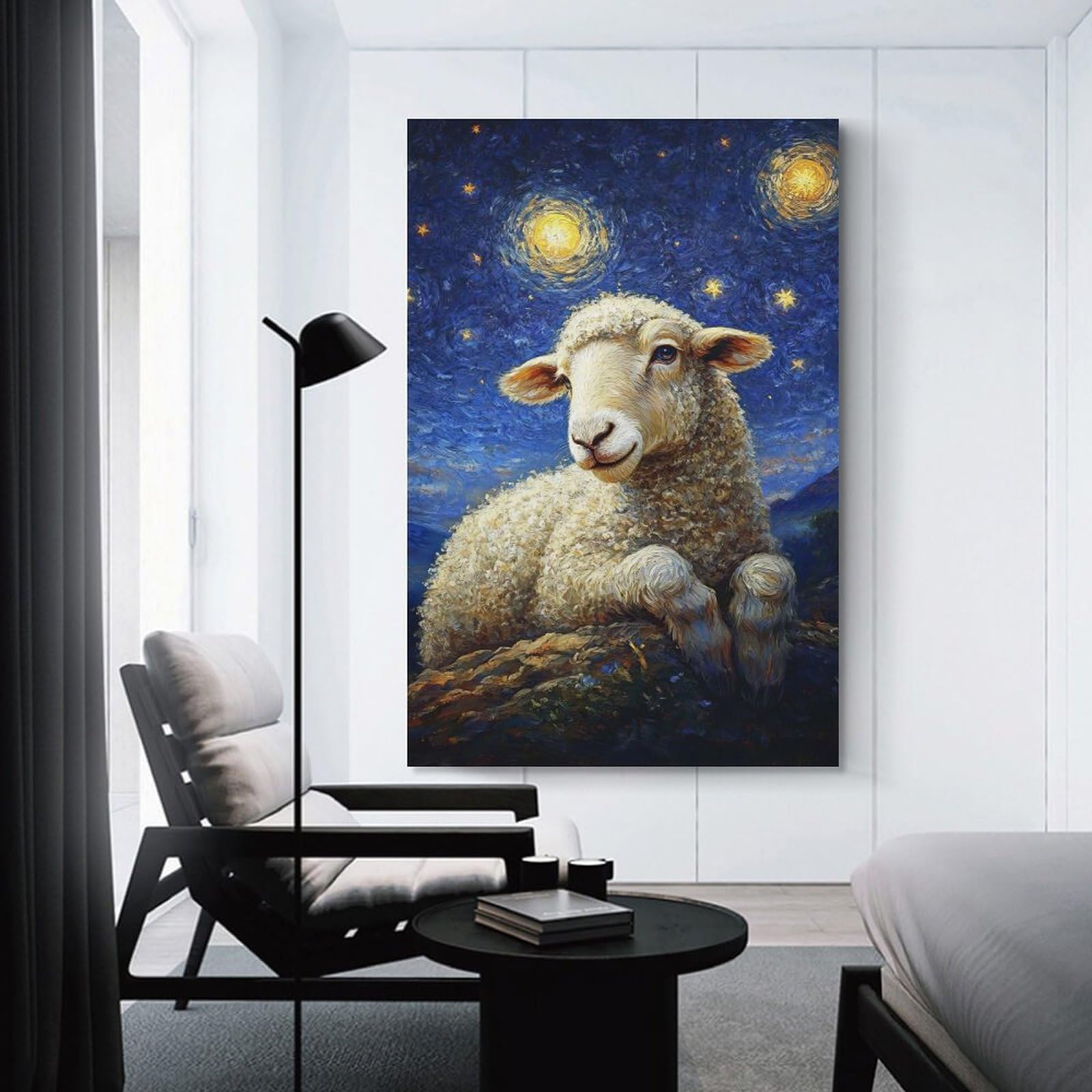Junmoney Sheep Under Starry Night Wall Art Print, 08x12inch(20x30cm), for Corridors, Hallways Or Apartment Entries, Wall Decor to Refresh Empty Corners