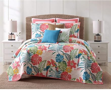 OVS 2 Piece Vibrant Pink Blue Yellow Green White Twin XL Quilt Set, Tropical Parrot Floral Themed Bedding Leaves Leafy Coastal Cottage Cabin Summer Fun Flower Beach Pretty Birds Hawaiian, Cotton