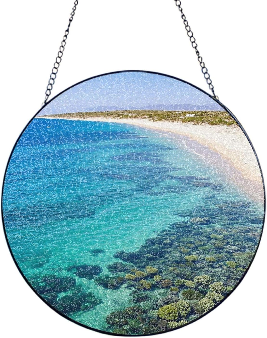 Stained Glass Window Hanging 10in Window Suncatcher Glass Panel with Metal Chain Coastal Blue Green Beige Coral Sun Catchers Wall Art Home Decor Gift for Women Mother's Day