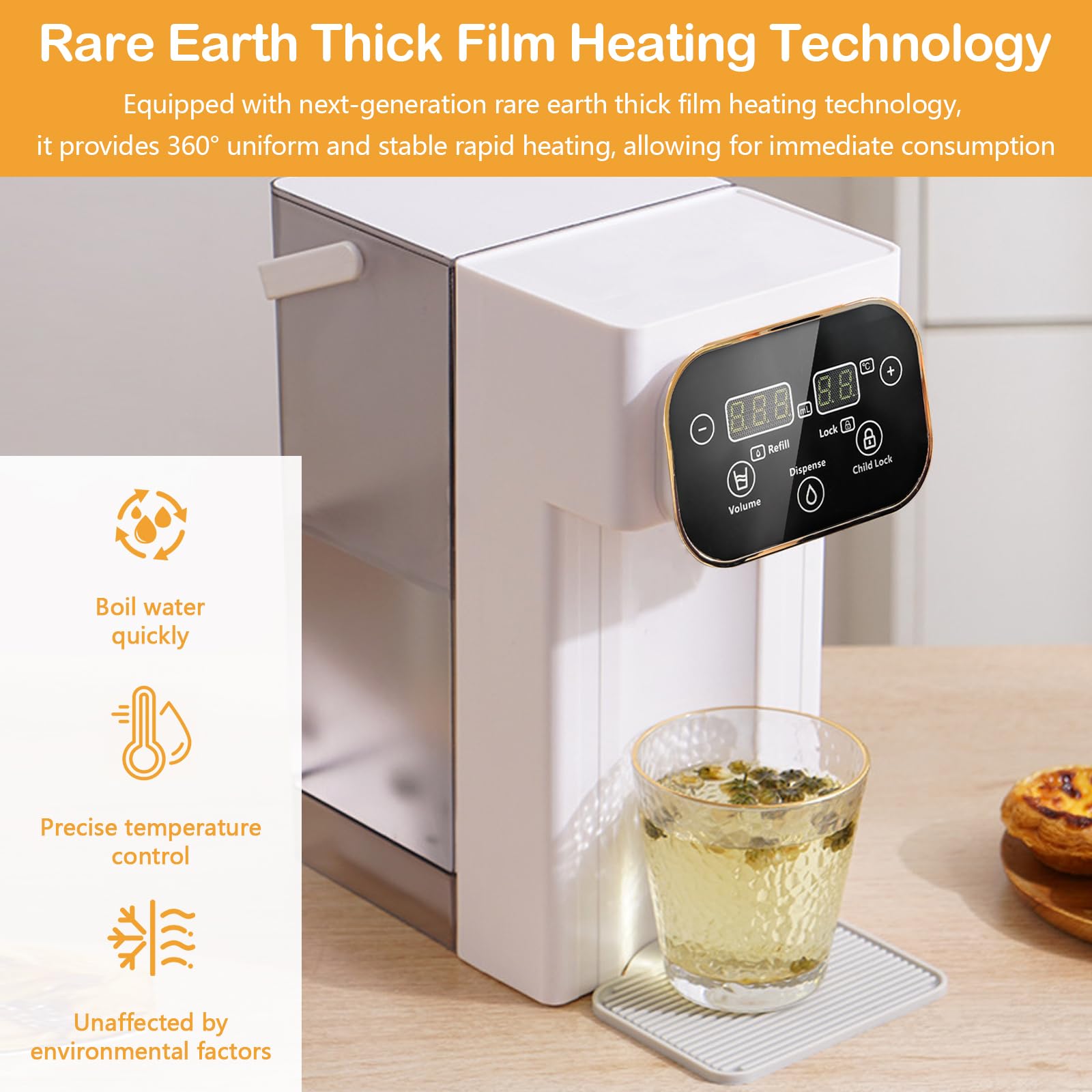 Distributeur d'Eau Chaude 3L Numérique Instantané écran Tactile LED 12 Réglages Température 8 Réglages Volume Filtre Charbon Actif