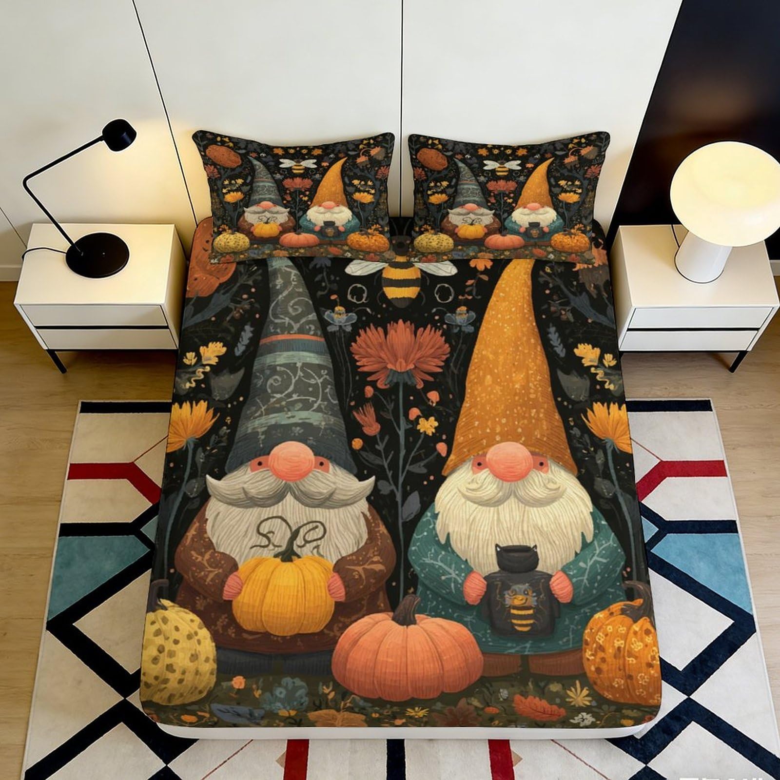 3D Printed Autumn Gnome Fitted Sheet Microfiber Soft Decorative Pumpkin Bee Mattress Cover for Bedroom Guest Room Dorm 180x200x25cm
