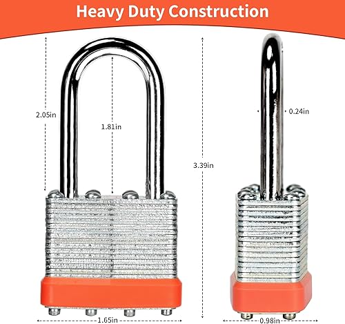 Miniatura 2 de Candado laminado con llave (1-916 pulgadas, 1.575 in), cerraduras iguales con llave, aro naranja, grillete largo, paquete de 48, cerradura para