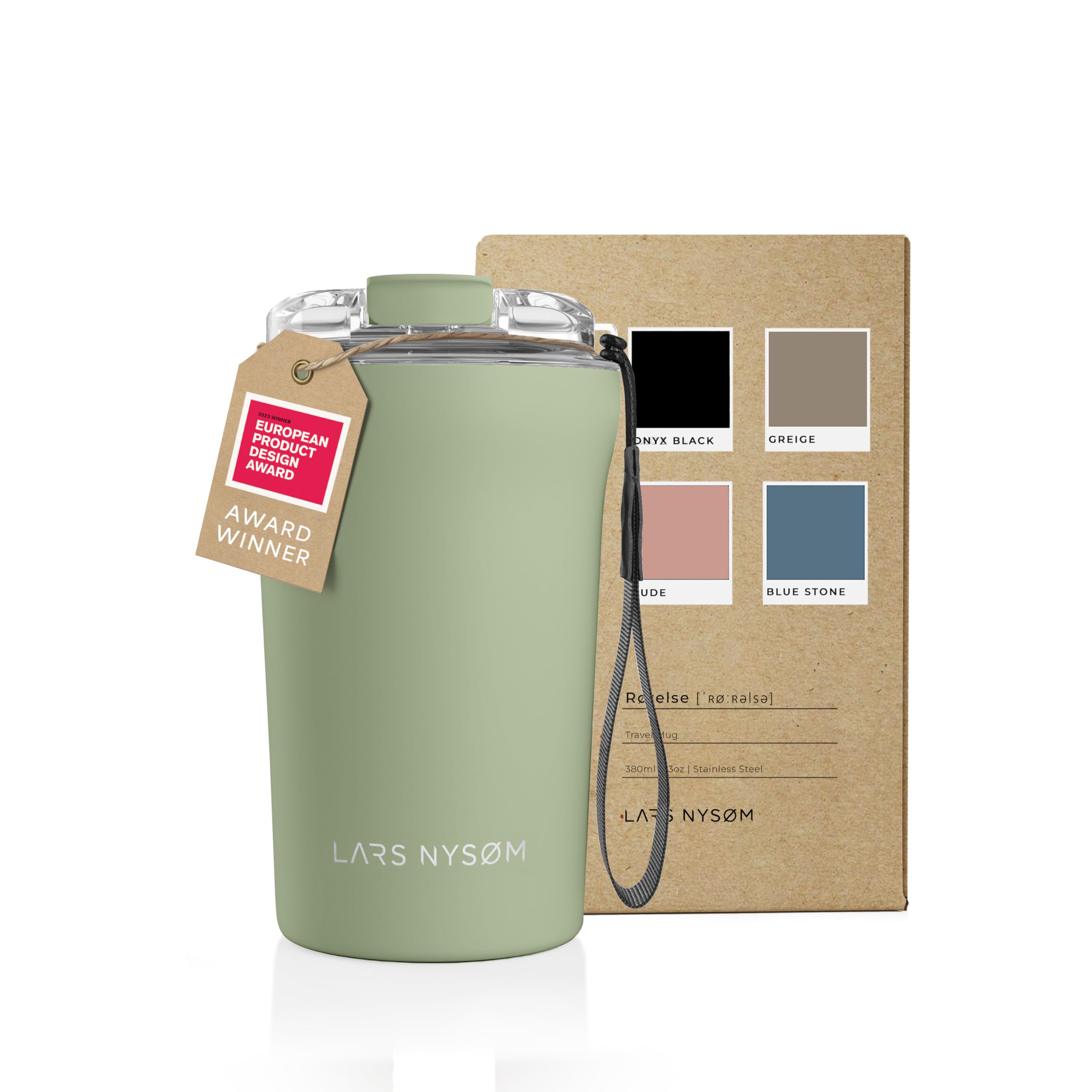 LARS NYSdiameter M Thermo Coffee Mug-to-go with Strap 13oz, Sage Green, 380 ml