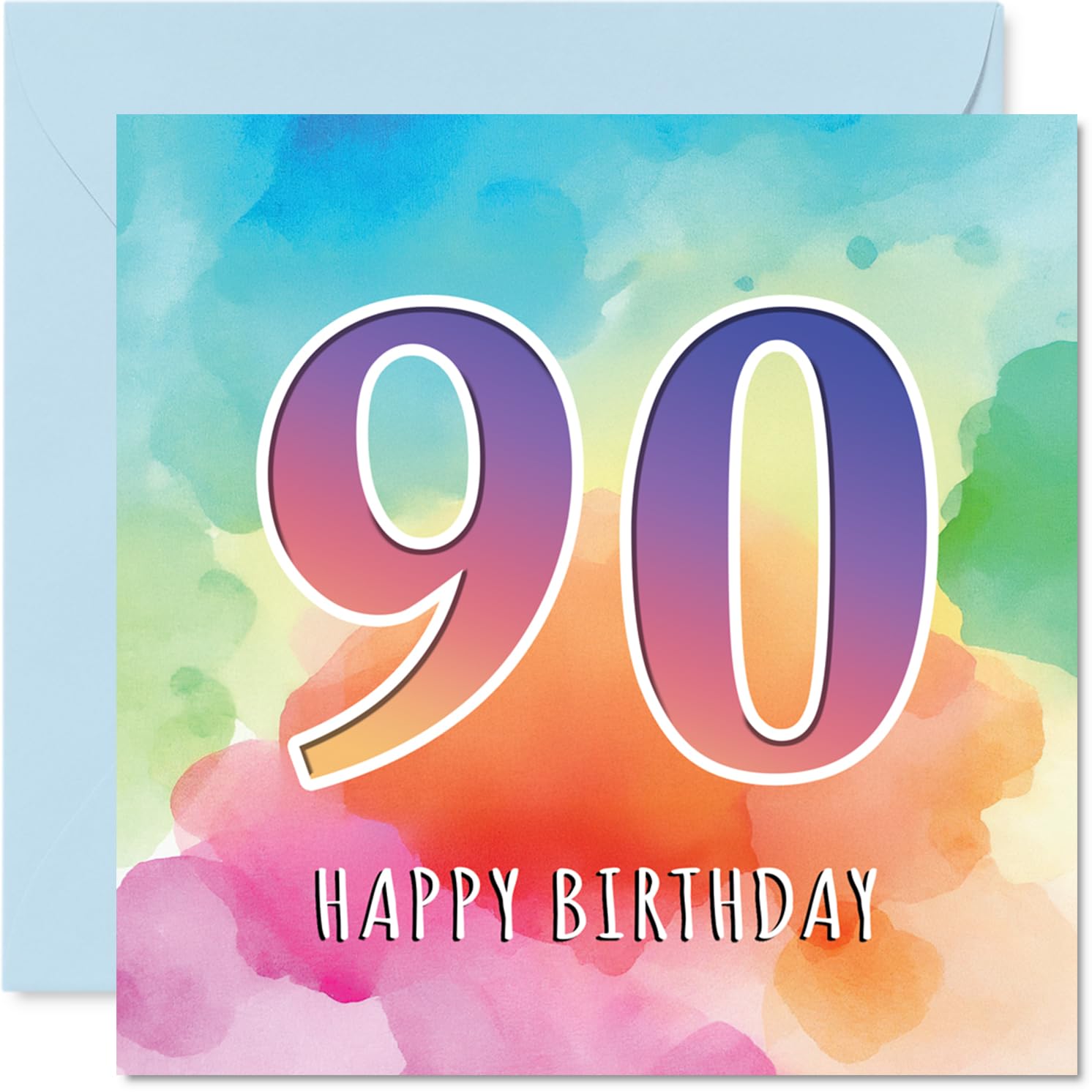 90th Birthday Cards for Men Women - Colourful Watercolour Age - Happy Birthday Card for 90 Year Old Man Woman Auntie Uncle Grandad Nanny, 145mm Bday Greeting Cards