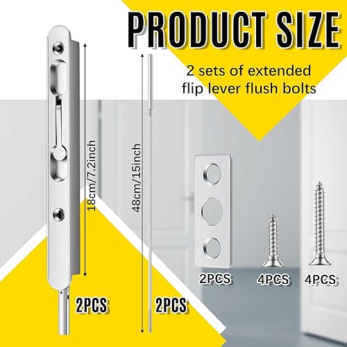 Miniatura 2 de Blulu Paquete de 2 pernos empotrados de palanca abatible extendida de 18 pulgadas para puerta doble, herrajes resistentes para cerraduras de puerta