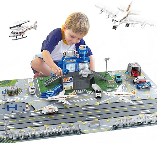 WASAiKA Juego de aeropuerto, juguetes de avión para niños pequeños con tapete de juego de actividades para niños, helicóptero de 2 aviones,