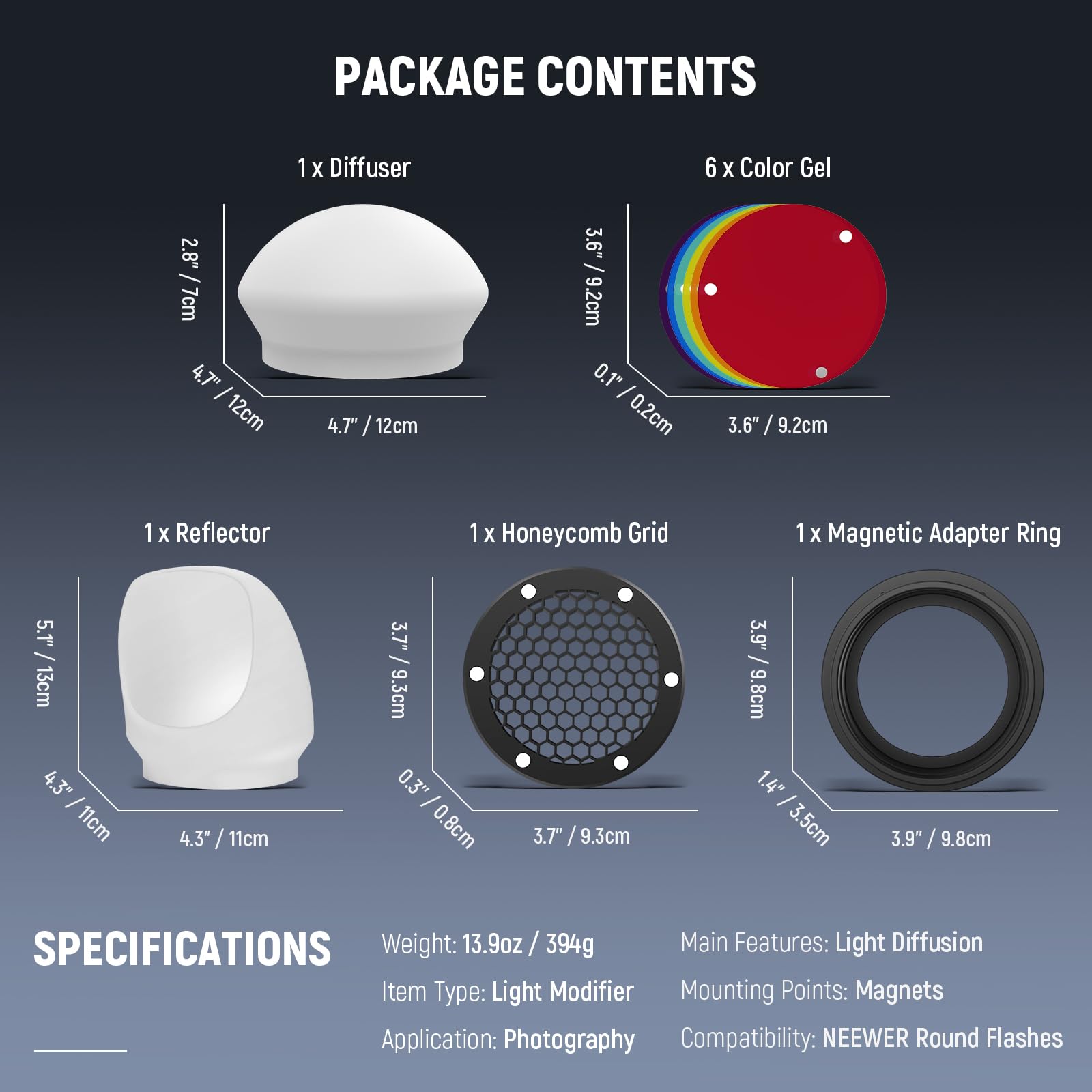NEEWER Flash Zubehör Set mit Silikon Diffusor, Gitter, Reflektor, 6X Farbgel und 1x magnetischem Adapterring, kompatibel mit Godox V1/V1 PRO NEEWER Z1 Z2 Round Head Kamera Blitz Flashlight, CRS5