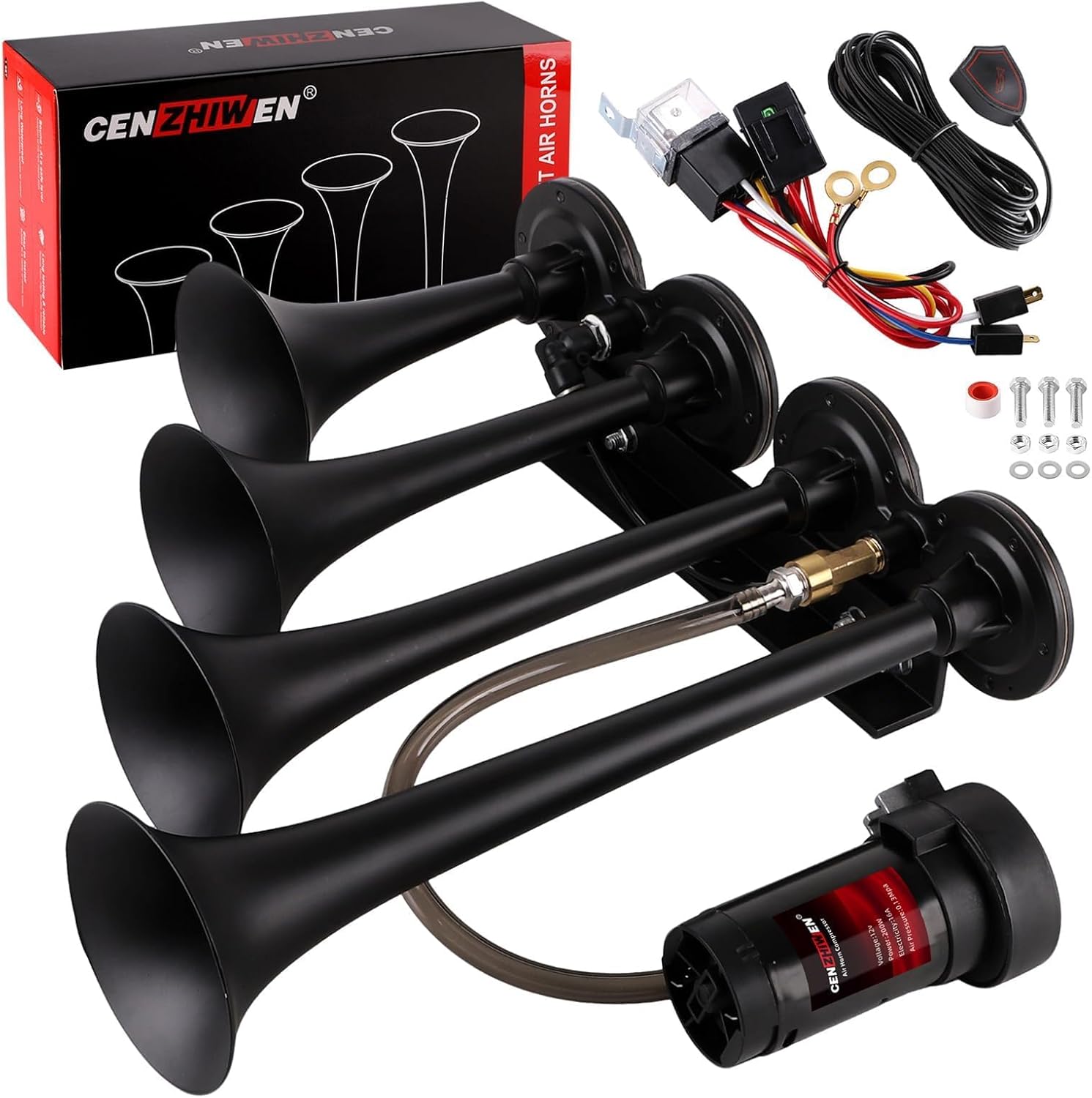 Train Horn for truck Kit-4 Trumpet Metal Air Horns replacement Drill horn 12V 150dB Ultra Loud with Compressor for pickup/motorhome/SUV/truck/train (black 4 Trumpet with button)