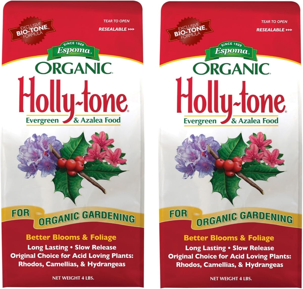 Organic Holly-Tone 4-3-4 Alimento vegetal natural y orgánico de hoja perenne y azalea; Bolsa de 4 libras; El mejor y original fertilizante para todas las plantas amantes de los ácidos, incluidos rododendros y hortensias. Paquete de 2