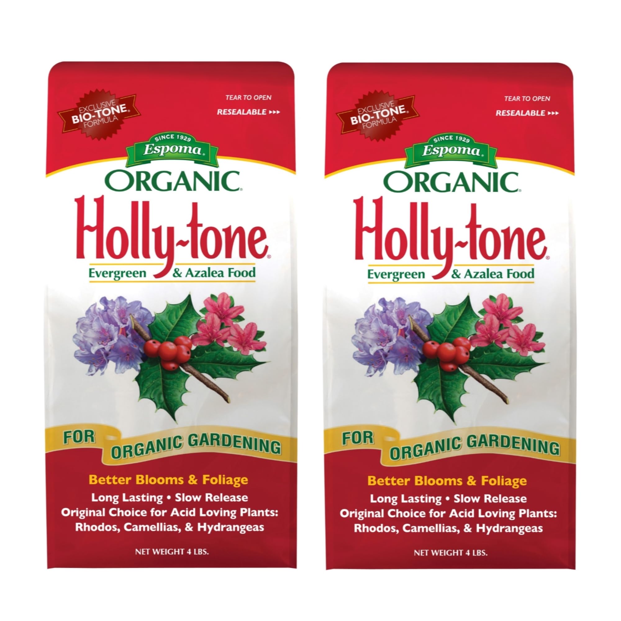 Espoma Organic Holly-Tone 4-3-4 Natural & Organic Evergreen & Azalea Plant Food; 4 lb. Bag; The Original & Best Fertilizer for All Acid Loving Plants Including Rhododendrons & Hydrangeas. Pack of 2