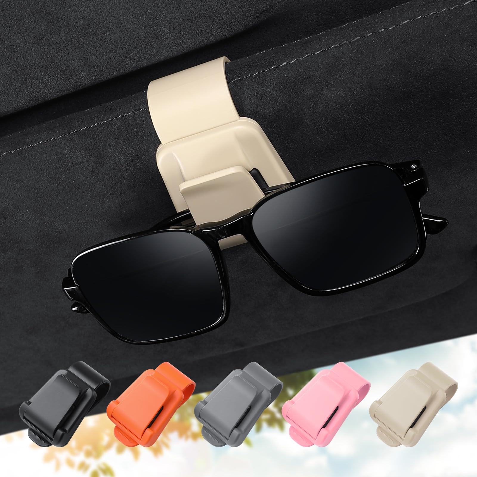 KAFANLIN 2 Pack 2 in 1 Sunglass Holder for Car Visor Clip Eyeglass Ticket Card Clip on Sunglasses Mount Car Visor Accessories Organizer (KAFANLIN Beige 2 Pack)