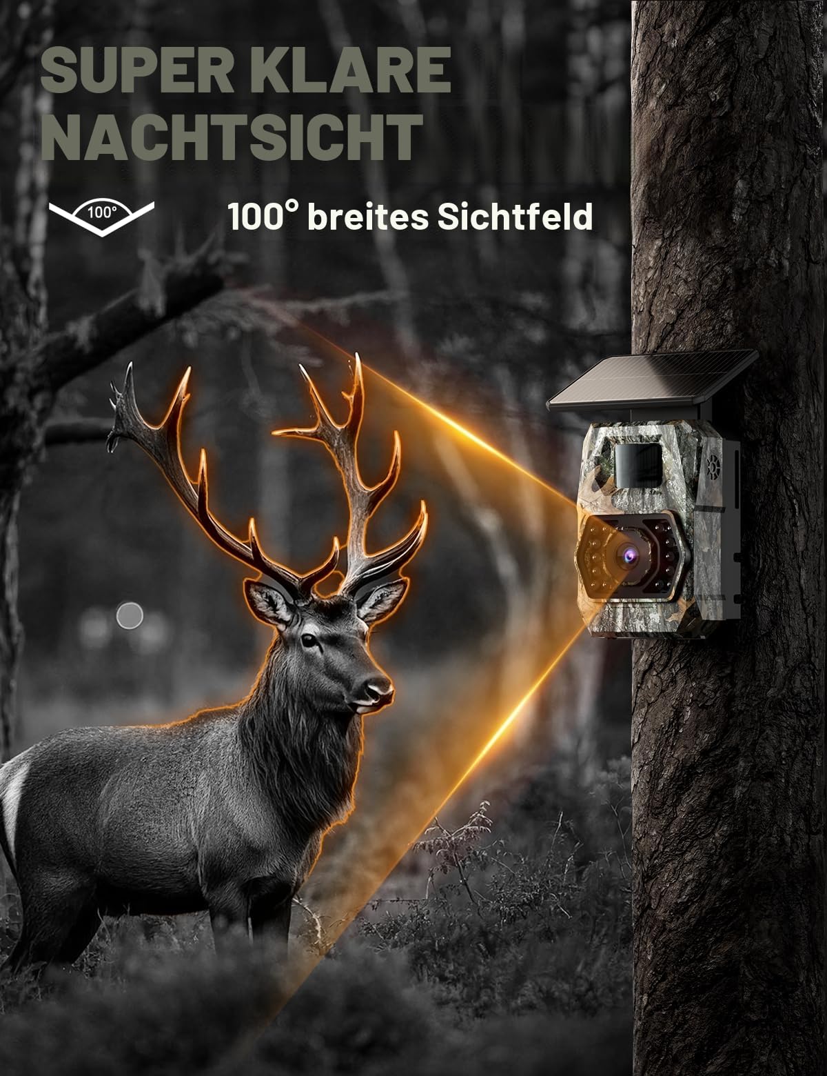 Wildkamera mit Handyübertragung App, 4K 60MP HD Solar WLAN Wildkamera, 5200mAH Akku, Wildtierkamera mit Bewegungsmelder Nachtsicht, 850 nm LED, 0,1s Auslösezeit mit 32GB Speicherkarte,IP66 Wasserdicht