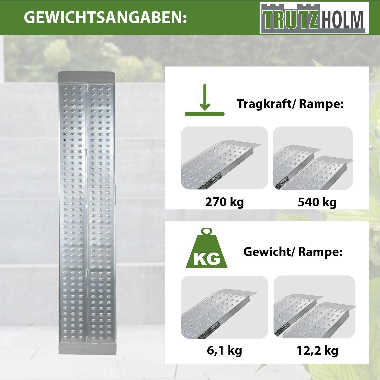 TRUTZHOLM 1x Auffahrrampe Aluminium Traglast 270 kg Länge 200 cm | gelochte rutschfeste Lauffläche Verladerampe Motorradrampe starr Laufflächenbreite 28 cm inkl. Spanngurt