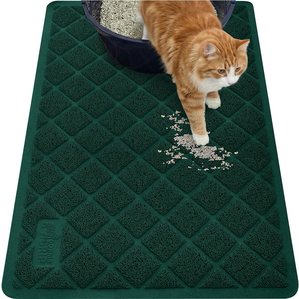 GORILLA GRIP Cat Litter Box Mat, 35x23, Cushioned Coil Mesh Litter Trapping Mats, Scatter Control Supplies for Less Mess, Phthalate Free, Ultra Deep Catch Grooves, Rinse or Vacuum to Clean, Dark Green