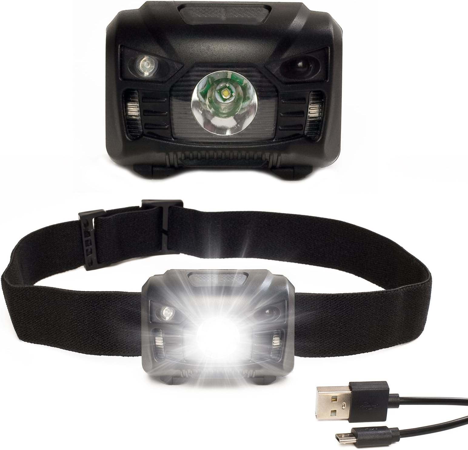 USB Rechargeable Head Torch-Running Torches for Runners-Super Bright Waterproof Sensor Headtorch Lightweight LED Headlamp-Red & White Light-Strap & USB Cable-Camping DIY Fishing Hiking Walking