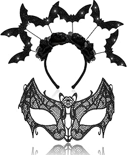 2 Pcs Halloween Bat Costume Set Bat Headband Women Adult Masquerade Lace Eye Mask Hair Hoop Veil Queen Eye Mask for Halloween Cosplay Accessories Carnival Party