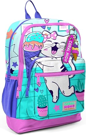 Yaygan Coral High Kids Turkuaz Pembe Dondurmal  Kedi Desenli Okul S rt  antas