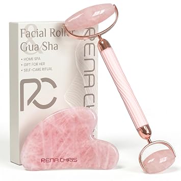 Rena Chris Gua Sha and Face Roller Set Anti-Breakage Jade Roller for Long-Lasting Use, Jawline Sculpting and Puffiness Reducing, Gua Sha Facial Tools for Self Care Gift Rose