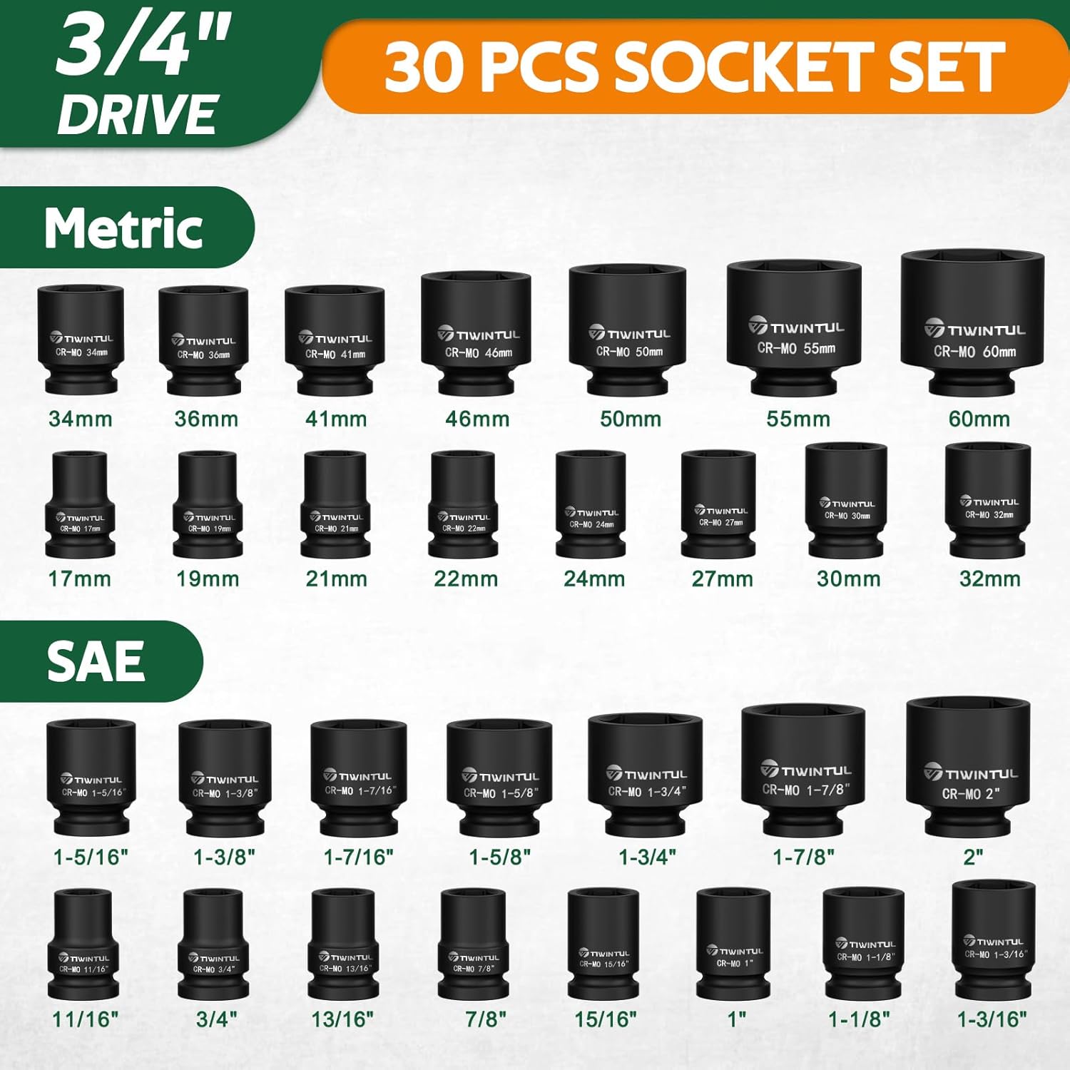 3/4 Inch Drive Impact Socket Set, 6-Point Design, CR-MO Steel, 30 PCS Large Impact Socket Set, SAE (11/16” to 2”) and Metric (17mm to 60mm), Rugged Construction, Heavy Duty Impact Sockets
