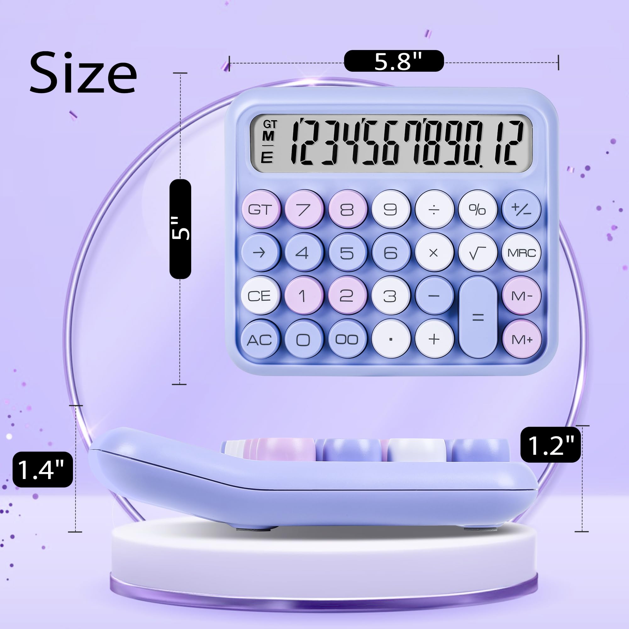 VEWINGL Mechanischer Taschenrechner, violetter Taschenrechner, niedliches 12-stelliges LCD-Display und Tasten, Taschenrechner mit großem LCD-Display, ideal für den Alltag und grundlegende Büroarbeit